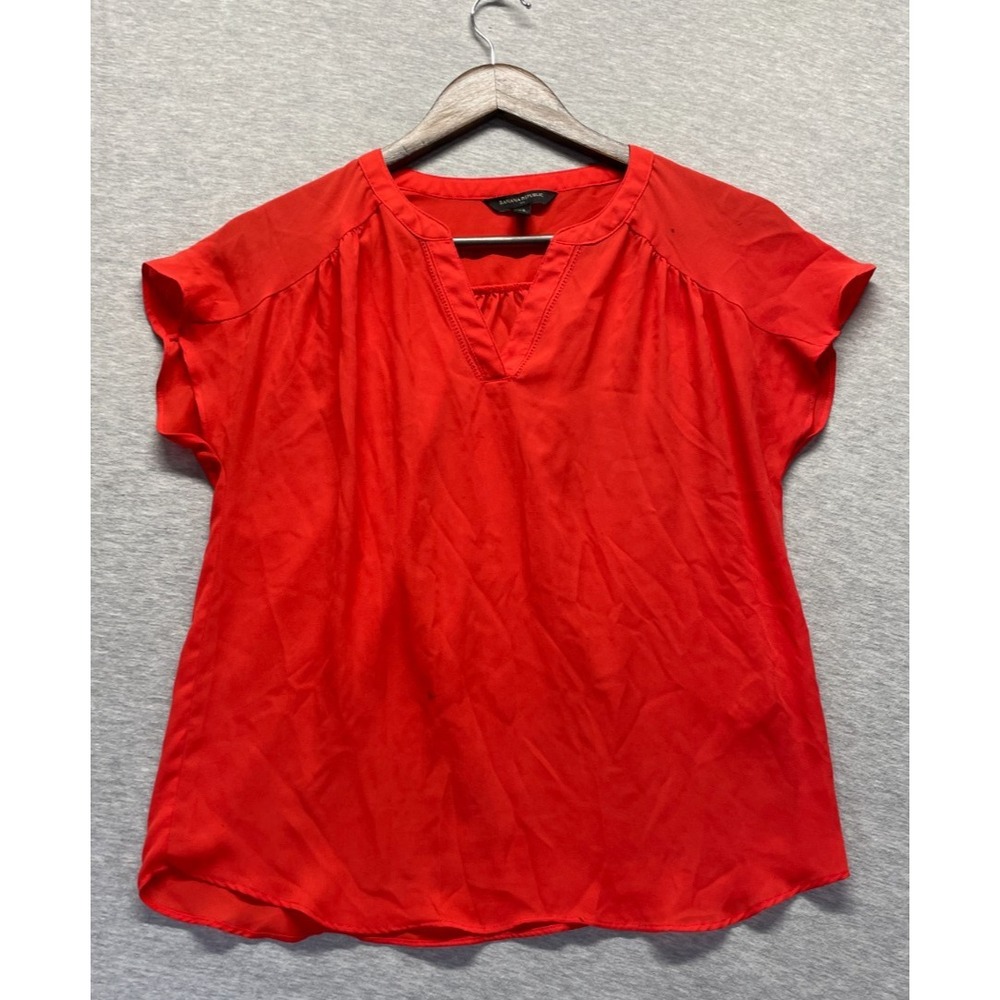Banana Republic Blouse Top Womens XS Vibrant Red Gathered Shoulders Split Neck